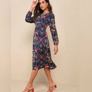 I. Madeline Garden Splendor Navy Blue Floral Print Long Sleeve Midi Dress XS NWT